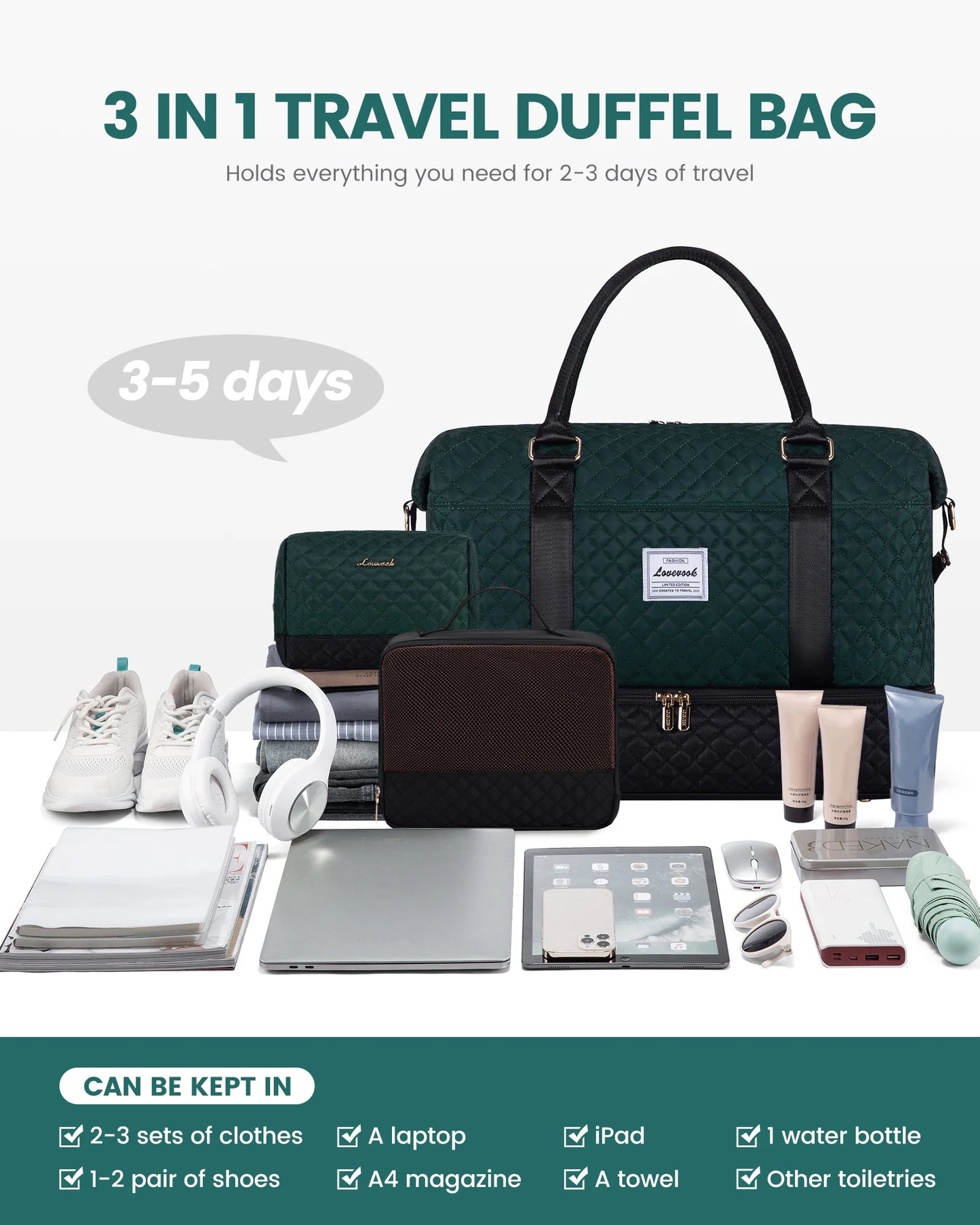 LOVEVOOK Designer Custom Quilted Travelling Carry on Duffle Bag Ladies Duffel Gym Sports Luggage Travel Bags for Women Teens